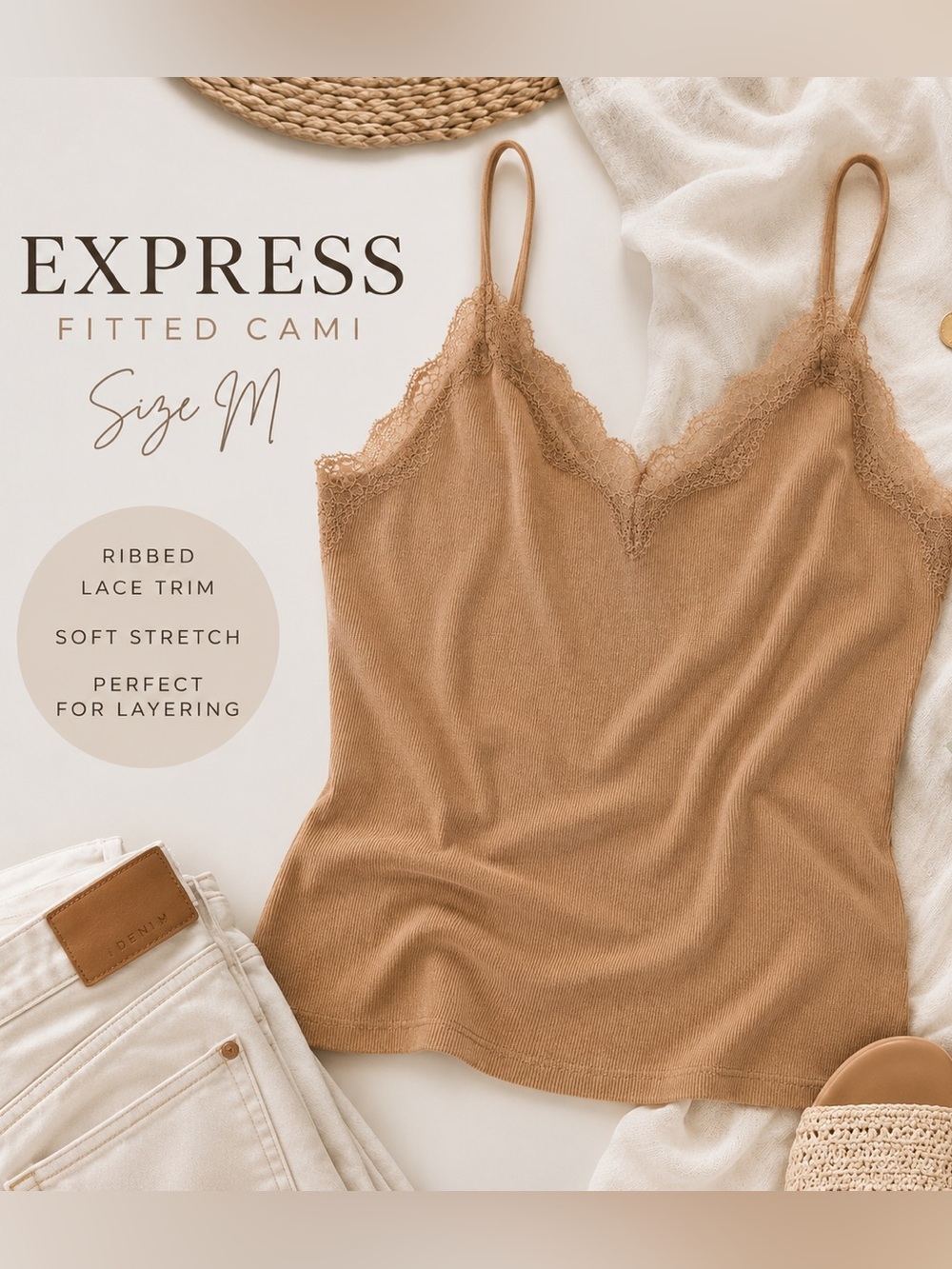 Express Fitted Ribbed Lace Trim Cami Tank Top Tan Beige Size M